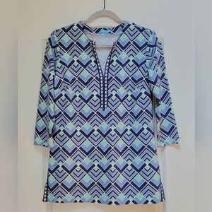 J. McLaughlin Catalina Cloth Tunic Top Women's Small Blue Green Split Neck Shirt